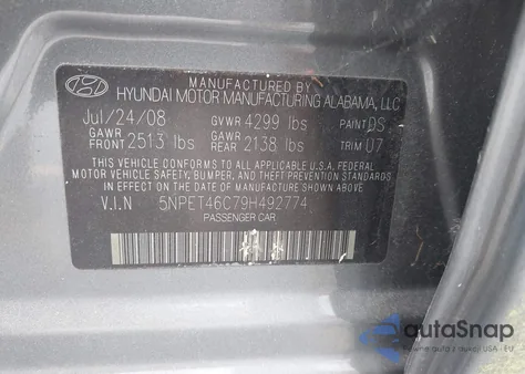 2009 Hyundai Sonata Gls from USA, damaged, VIN 5NPET46C79H492774